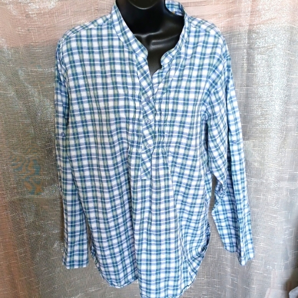 Northcrest  blue plaid pop over button down XL, long sleeve, cotton